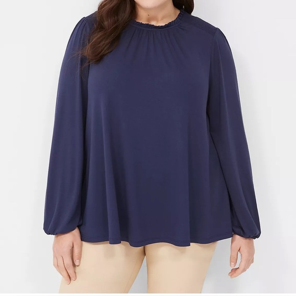 Lane Bryant Swing Crew-Neck Smocked-Shoulder Long Sleeve Top Plus SZ 26/28 Blue - Picture 1 of 9